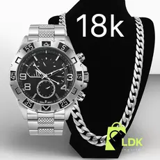 Relógio Masculino Prata Dourado Banhado 18k + Corrente Grossa 18K