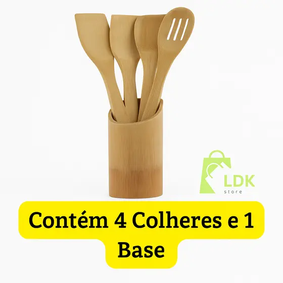 Conjunto de Utensílios de Bambu Com 5 Peças Sendo 4 Colheres E 1 Base