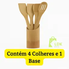 Conjunto de Utensílios de Bambu Com 5 Peças Sendo 4 Colheres E 1 Base