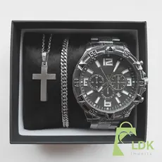 Conjunto Luxo Relógio Masculino Aço Inox + Corrente Com Cruz e Pulseira Grossa Premium
