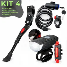 Kit Farol 300 Lumens Lanterna Bicicleta + Trava De Aço + Sinalizador Traseiro + Pezinho Lateral Bike