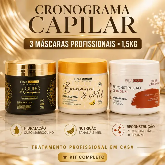 KIT 3 MASCARAS CRONOGRAMA CAPILAR PROFISSIONAL 1,5KG | HIDRATAÇÃO + NUTRIÇÃO + RECONSTRUÇÃO | FINA MARIA