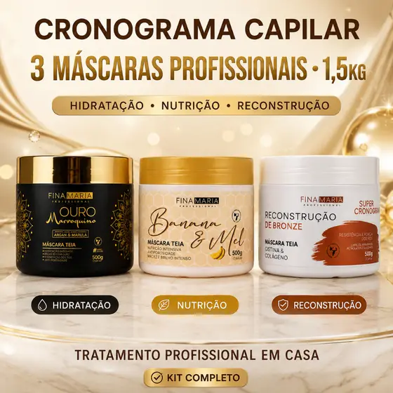 KIT CRONOGRAMA CAPILAR 1.5KG 3 MASCARAS PROFISSIONAIS COMPLETO | HIDRATAÇÃO, NUTRIÇÃO E RECONSTRUÇÃO | FINA MARIA