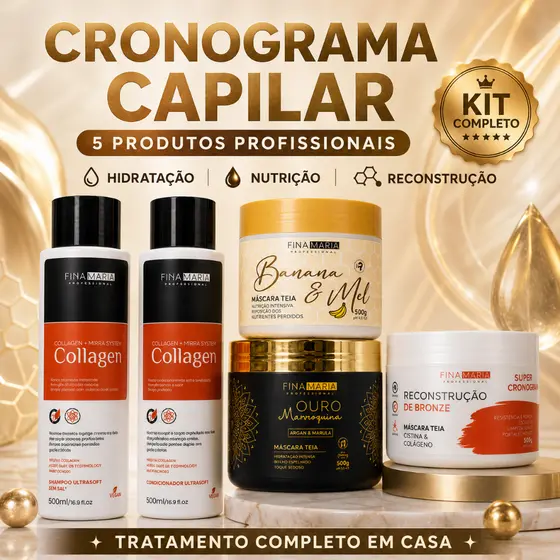 CRONOGRAMA CAPILAR 5 PRODUTOS PROFISSIONAL | HIDRATAÇÃO, NUTRIÇÃO, RECONSTRUÇÃO, SHAMPOO E CONDICIONADOR | FINA MARIA