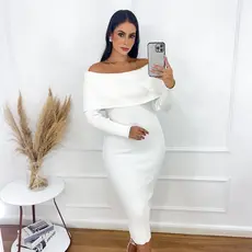 Vestido Midi Feminino Tricot Modal Premium Canelado Manga Longa Caimento Elegante Casual Luxo Festa