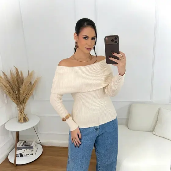 Blusa Feminina Tricot Modal Premium Canelada Ombro a Ombro Manga Longa Outono Inverno