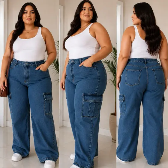 cargo plus size calça jeans wid leg