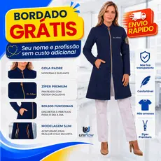 Jaleco Feminino em GABARDINE,  PERSONALIZADO em  PATCH com zíper, Gola Padre e BORDADO GRÁTIS