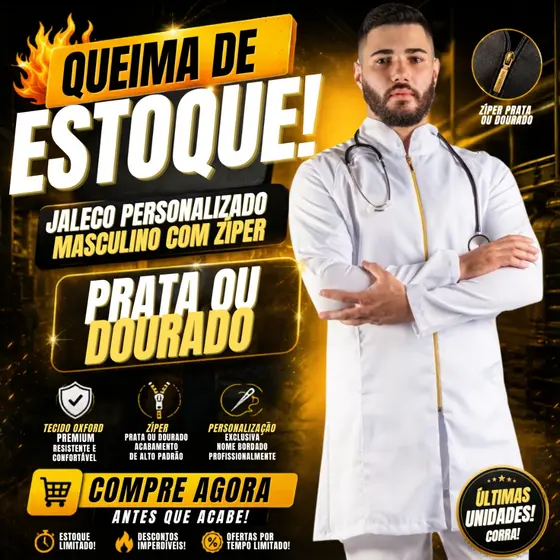 Jaleco Personalizado Masculino Com Zíper PRATA OU DOURADO Em Oxford