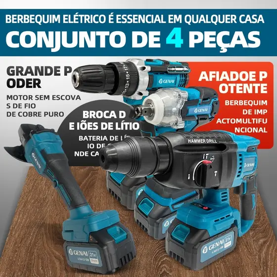 21V/68V Kit de ferramentas 4 em 1 Furadeira, Chave de fenda/Chave de impacto/Amolador/Martelo 2 baterias