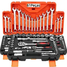 Kit 37/61 Peças Ferramentas Profissional  Jogo Soquete, Chave Combinada e Catraca com Maleta- Para Mecânica Automotiva