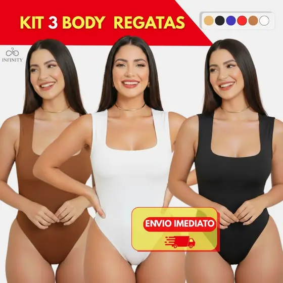 Kit 3 Body Feminino Decote Quadrado Alça Larga Regata Com Forro Tecido Suplex Premiu Liso Casual