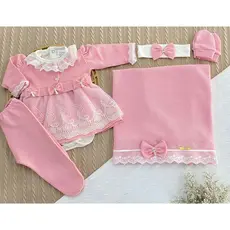 Saída de Maternidade Mundo Colorido – 6 Peças em Malha Tricô: Vestido, Body, Manta, Luvas e Tiara