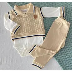 Conjunto Bebê Menino Luxo 3 Peças com Colete em Tricô, Body Manga Longa e Mijão | Enxoval Completo