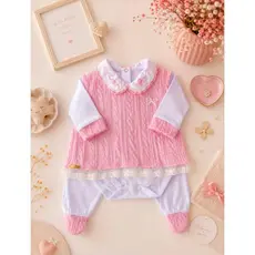 Saída Maternidade Bebê Menina 3 Peças com Macacão e Vestido em Tricô Luxo