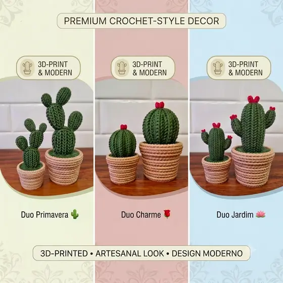 kit Par de Vasos Decorativo Cacto - Estilo Crochê, Decoração Minimalista Moderna