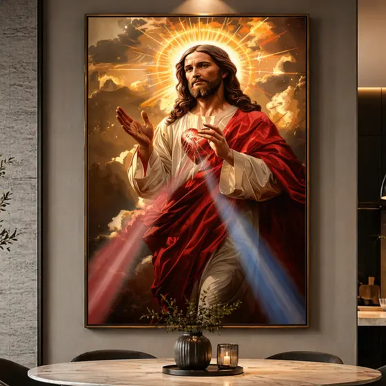 Quadro Decorativo Sagrado Coração de Jesus Mosaico Grande 110x80 Religioso