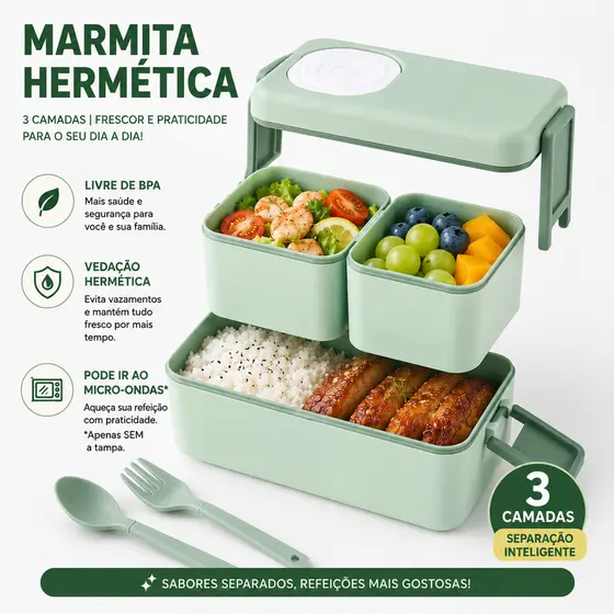 Marmita Dupla 1050ml Com Divisória E Kit Talheres