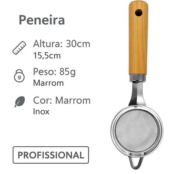 Peneira Coador de Inox com Cabo de Madeira 21cm