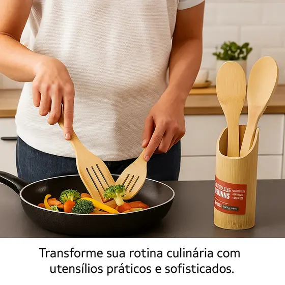 Kit de Utensílios Bambu Colher Espátula Garfo Suporte 28cm
