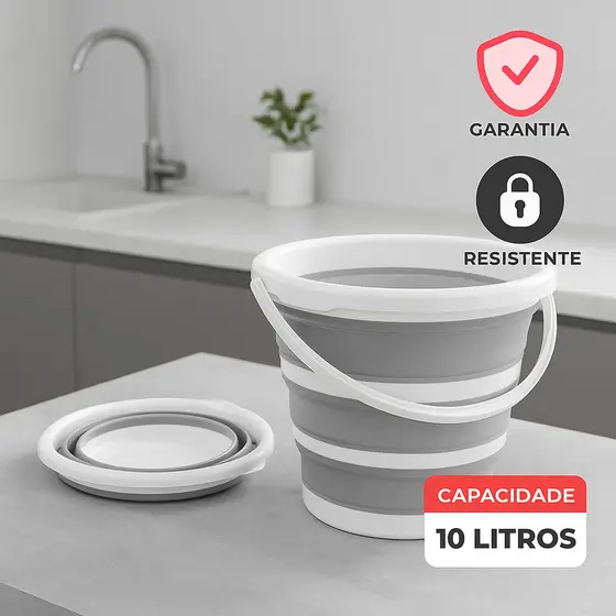 Balde Retrátil Dobrável 10L Branco e Cinza em Plástico Compacto