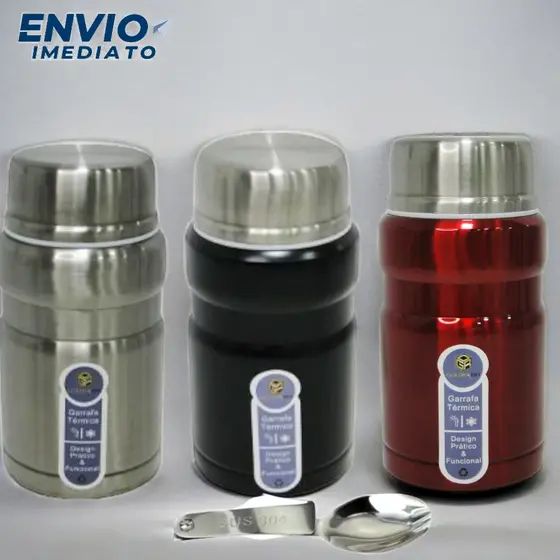 Pote Térmico com Tampa + Colher Dobrável de Inox 650ml na Caixa