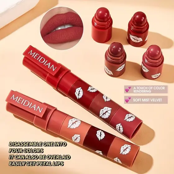 Batom Matte Aveludado 4 em 1 Meidian - 4 Cores Empilhável e Portátil