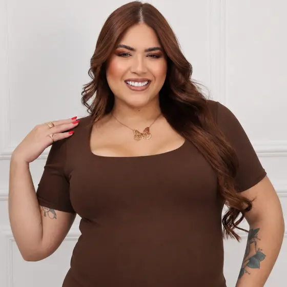 Body Feminino Plus Size Manga Curta Decote Quadrado G GG G1 Confortável Elegante Moda Feminina
