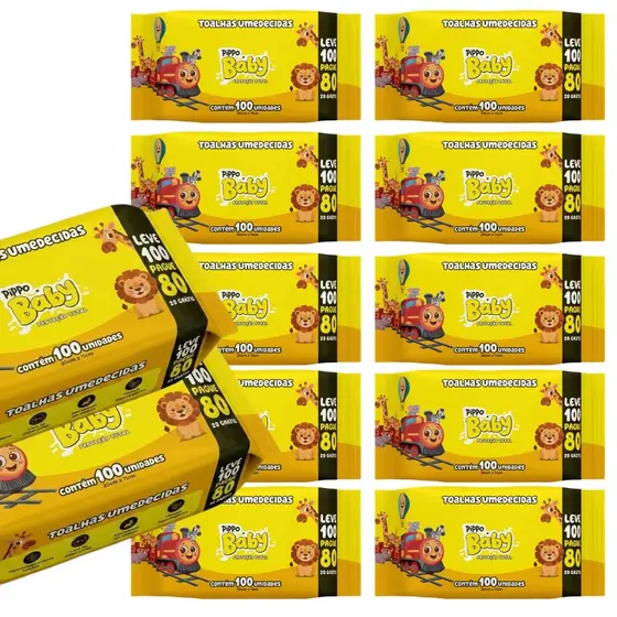 Kit Com 4 Pacotes Toalhas Umedecidas/Lenços Pippo Baby  C/100-(sem tampa flip-top)