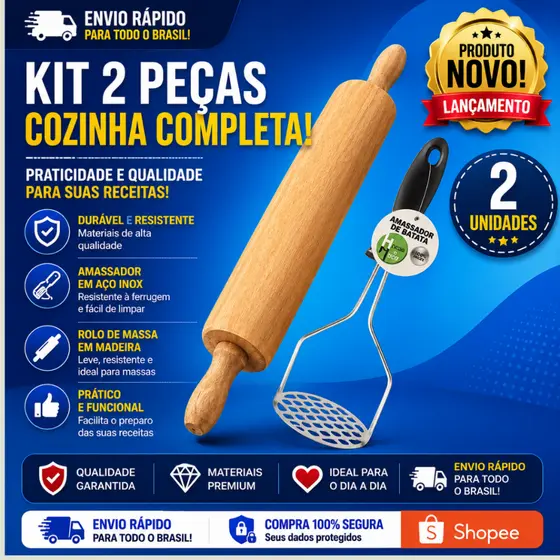 2 Un Sendo 1Amassador de Batata Inox + Rolo de Massa de Madeira ou 1 Un Rolo de Massa de Madeira