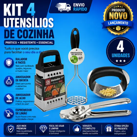 Conjunto 4 Peças Amassador Batata +Amassador de Alho + Ralador 4 faces+ Espremedor Limão Super