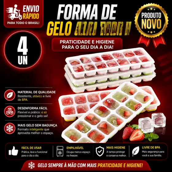Conjunto 2 E 4 Formas de Gelo 20,5 cm Silicone 14 Cubos Alimentos Frutas Papinha HM 781
