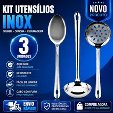 Conjunto Utensílios de Cozinha 3 Peças 100% Inox Colher de Arroz Escumadeira Concha Para Cozinha