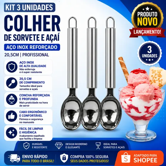 3 Unidade Colher De Sorvete E Açaí Concha Em Aço Inox 20,5cm Reforçada Profissional