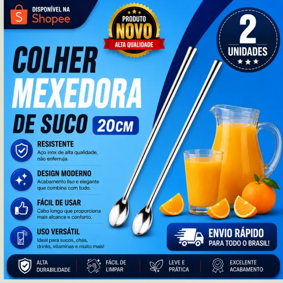 2 Unidades Colheres Longas de Inox para Suco – 20 cm  Perfeito para jarras e copos altos!