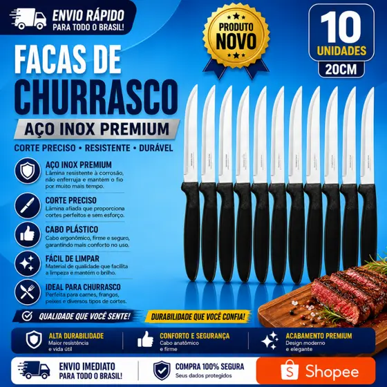 10 Unidades de Facas de Churrasco Preta 20cm  Aço Inox com Cabo Plástico Excelente na Cozinha