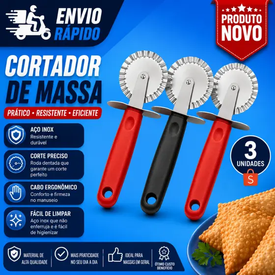 Conj 3 2 ou 1 Carretilha Cortador Em Aço Inox Lisa Cortar Massas Pastel Pizzas 18,5cm