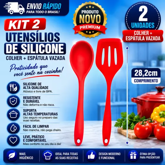 2 Utensílios de Silicone Colher + Espátula Vazada 28,2cm Excelente Para Seu Dia a dIa