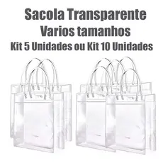 Kit 5/10 Unidades Sacola PVC Transparente para Presente, Vários Tamanhos