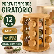 Porta Temperos Giratório 12 Potes de Vidro com Suporte em Bambu Organizador de Cozinha