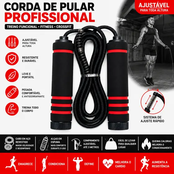 Corda de Pular Profissional Ajustável Fitness Academia Crossfit Cabo de Aço Revestido Antiderrapante