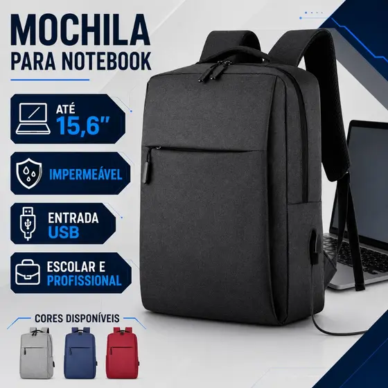 Mochila para Notebook 15,6” Impermeável com Entrada USB Escolar e Trabalho