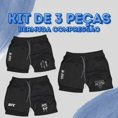 Kit 3 Bermudas Shorts De Compressão 2 Em 1 Dry Fit Com Elastano UFC + JIUJITSU Ideal Para Treinos, Academia