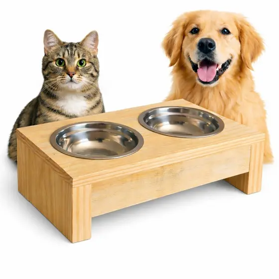 Comedouro Pet Elevado Duplo em Madeira com Cubas Removíveis – Cães e Gatos