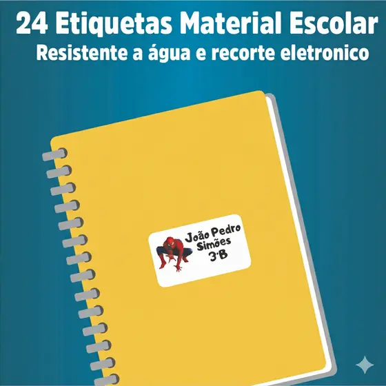 24 Etiquetas Adesivas Material Escolar Cadernos em VINIL 6x3,5cm