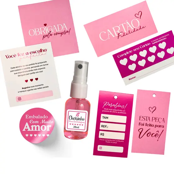Kit Empreendedor Nº4 Cartões de agradecimento - cartão fidelidade - tag de roupa - adesivos + 1 cheirinho - 5 Itens