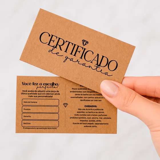 Cartão de Cuidados Garantia para Acessórios Semijoias - Papel Kraft Ecológico - Certificado de Garantia