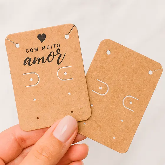 Tag para brinco acessórios "Com muito Amor" 3 Par de Brinco - Papel Kraft Ecológico - Tamanho 4,5x6cm