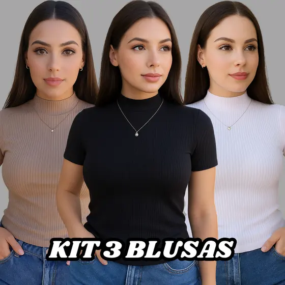 Kit 3 Blusa Canelada Feminina Gola Alta Manga Curta