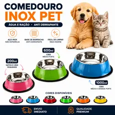 Comedouro Inox Anti Derrapante Cachorro Gato Pote Água Ração 200ml 600ml 1000ml